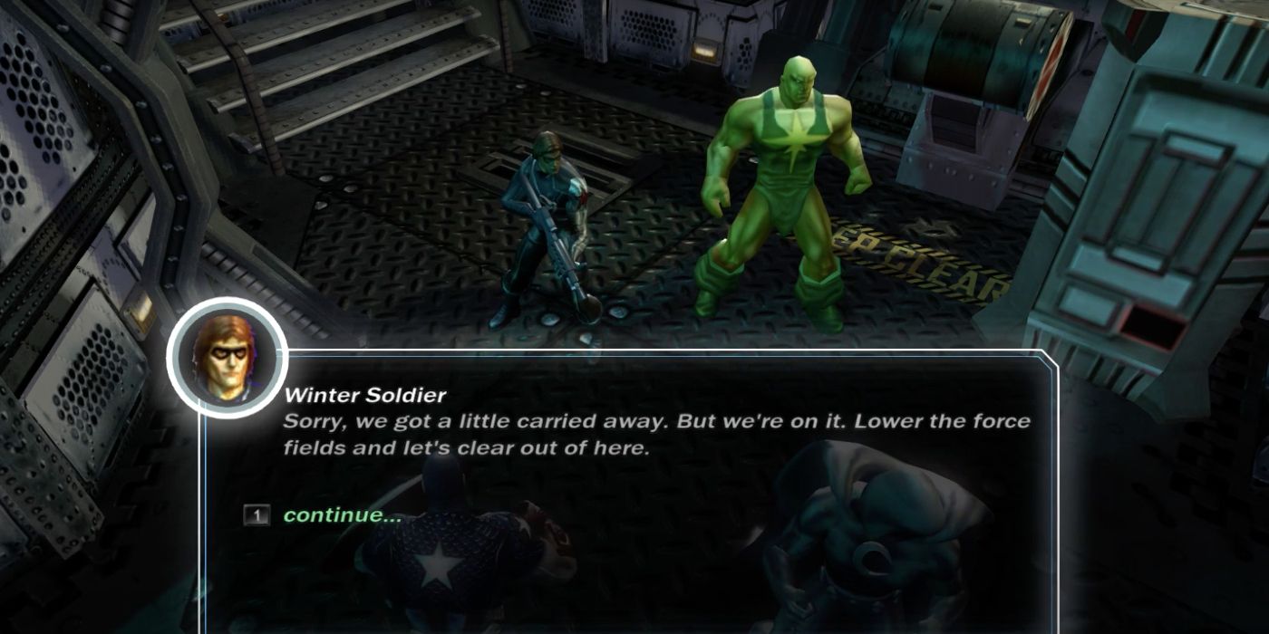 Winter Soldier and Radioactive Man in Marvel: Ultimate Alliance. Winter Soldier's dialogue reads: "Sorry, we got a little carried away. But we're on it. Lower the force fields and let's clear out of here."