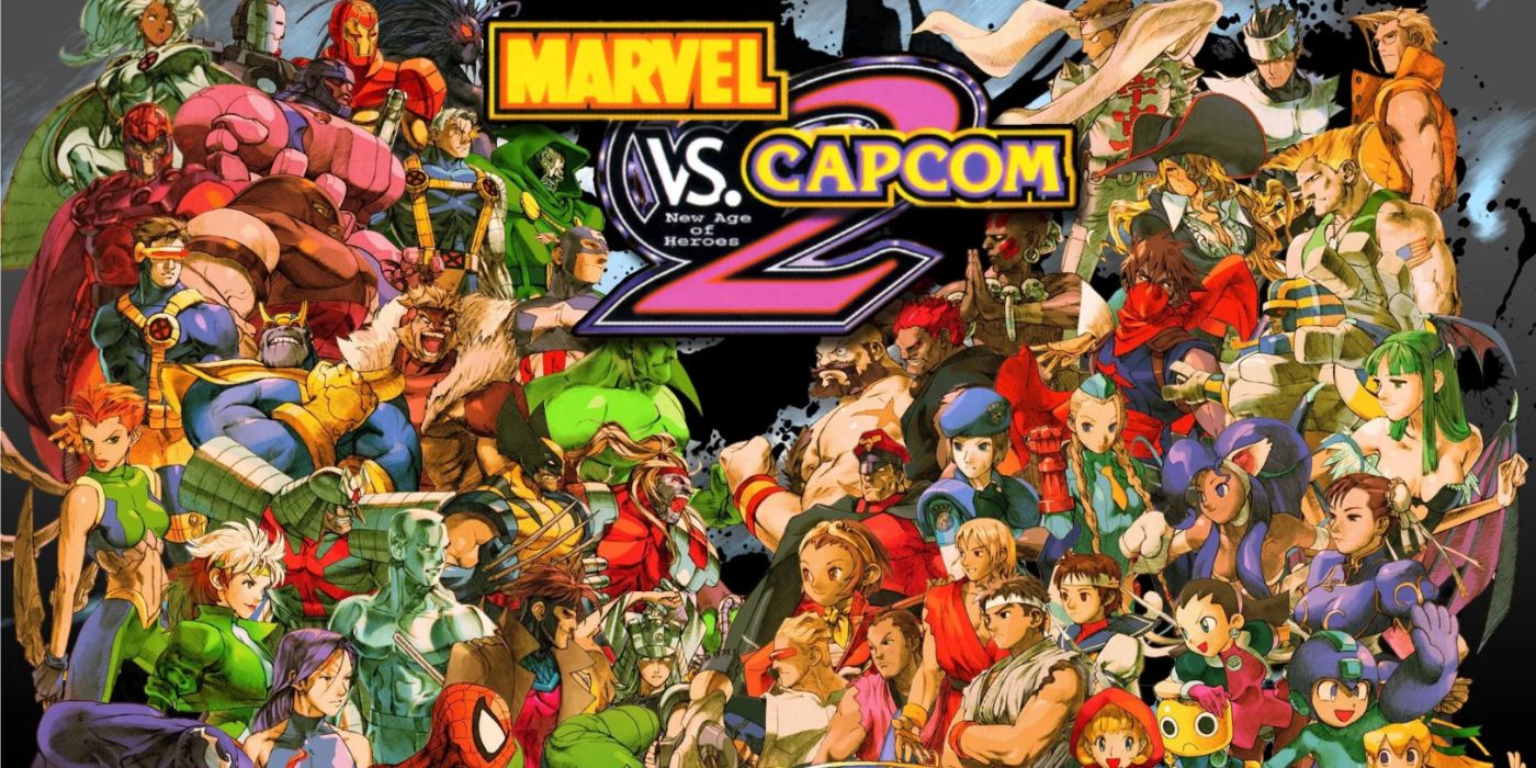 Arte principal de Marvel vs. Capcom 2 apresentando uma colagem da ampla lista de personagens.