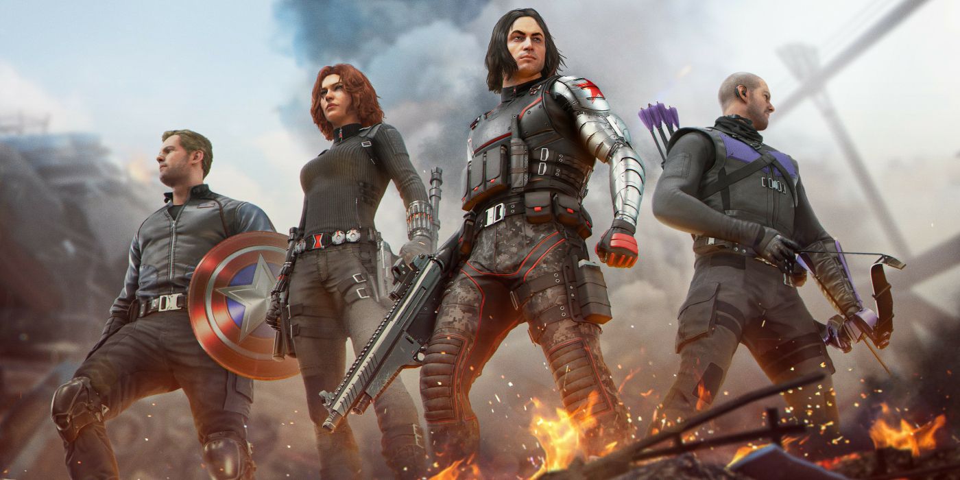 Key art for Marvel's Avengers' Winter Soldier update. From left to right, Captain America, Black Widow, Bucky Barnes and Hawkeye stand heroically atop a burning wreckage.
