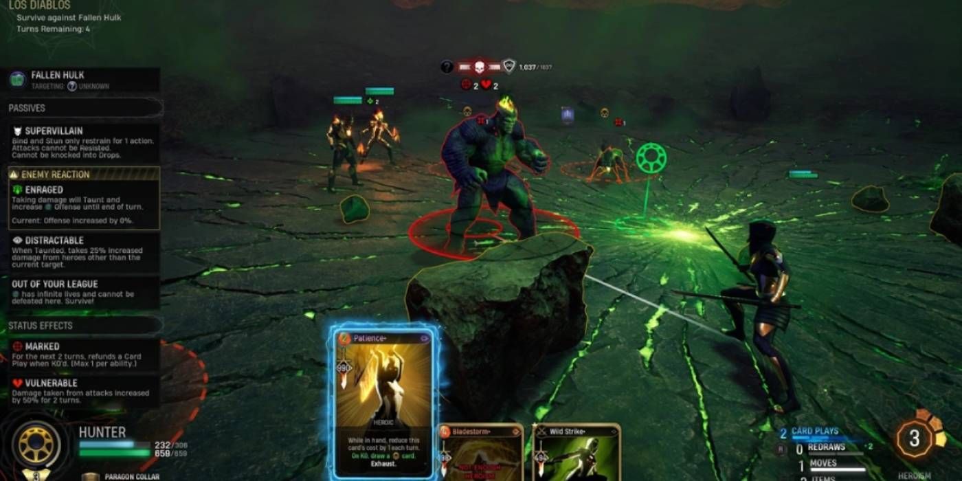 Marvels Midnight Suns Fallen Hulk Boss Fight apresentando Hunter, Iron Man e Ghost Rider com interface do jogo sendo exibida com construção de baralho de estratégia baseada em turnos