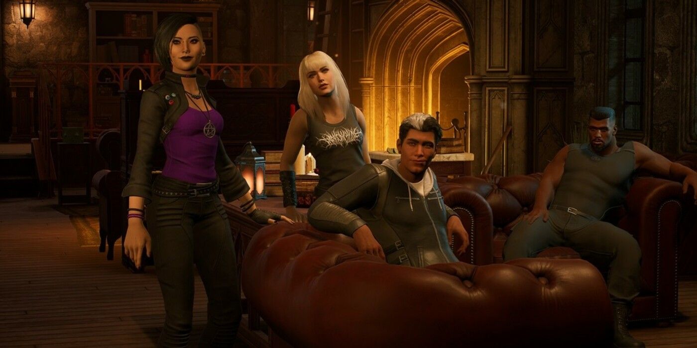 Marvel's Midnight Suns characters Nico Minoru, Magik, Ghost Rider, and Blade in the Abbey.