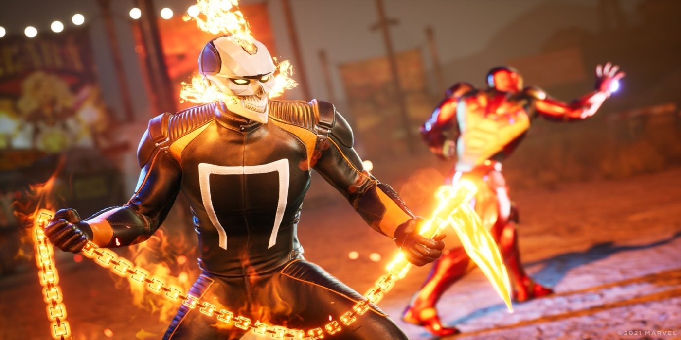 Ghost Rider in Marvel's Midnight Suns holding a flaming chain with a hook, while Iron Man fires a repulsor in the background.