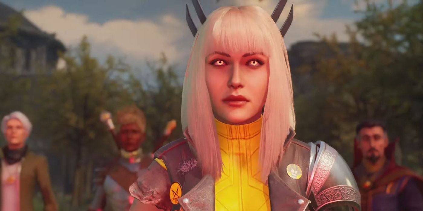 Magik stood in front of a portal to Limbo in Marvel's Midnight Suns, flanked to her left by Caretaker and Hunter, and to her right by Doctor Strange.