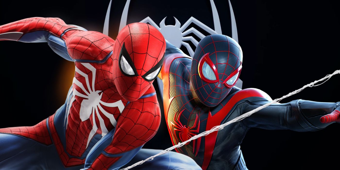 Gambar Peter Parker dan Miles Morales berayun dengan kostum Spider-Man mereka di depan logo Marvel's Spider-Man 2.