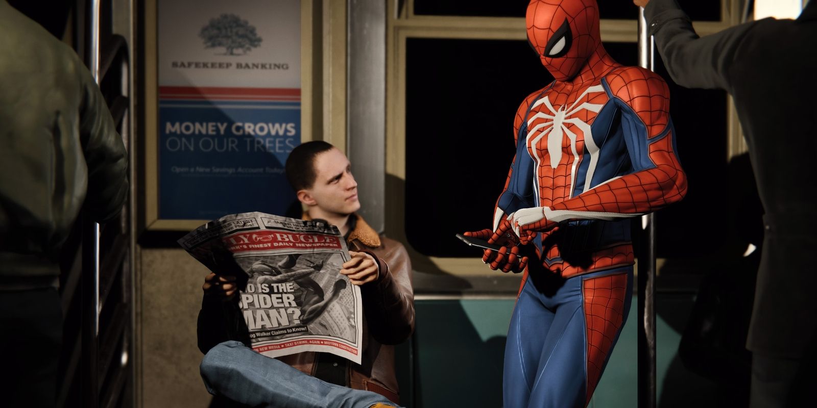 A loading screen from Marvel's Spider-Man, showing Peter in his suit riding the subway and playing on his cell phone next to another passenger looking confused and holding the Daily Bugle.