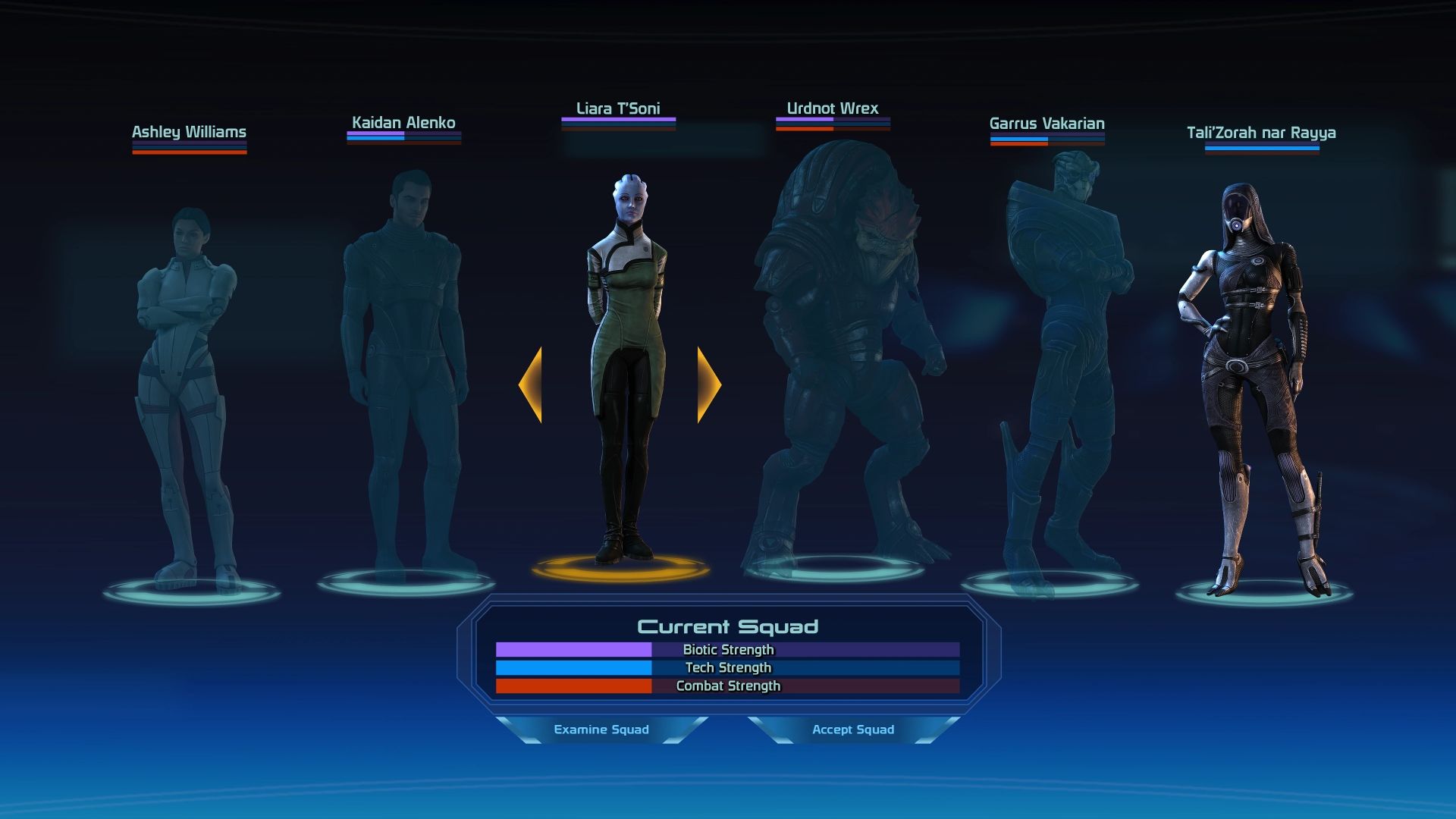 Image of the Mass Effect 1 Squad selector menu.