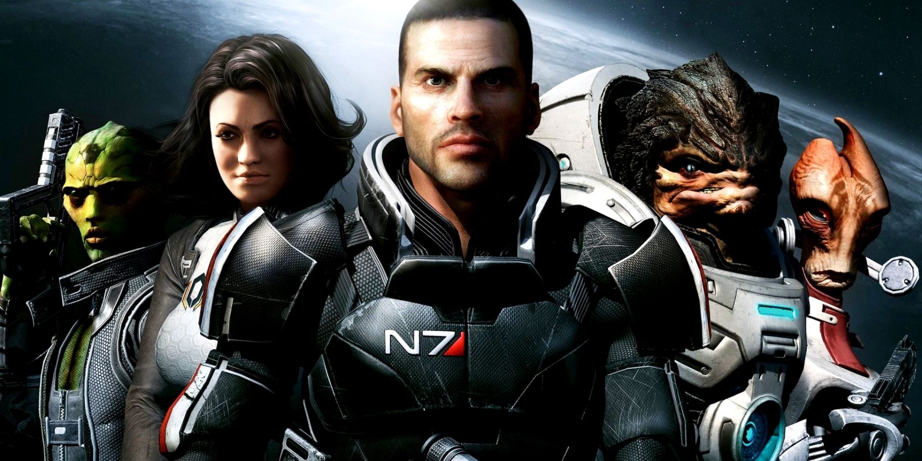 Five characters from Mass Effect 2, from left to right: Thane, Miranda, Shepard, Grunt, and Mordin.