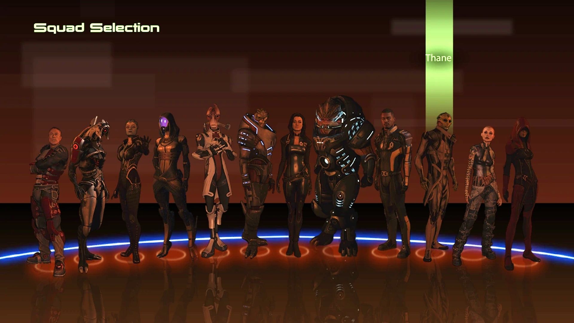 Imagem do menu de seleção de esquadrão de Mass Effect 2.