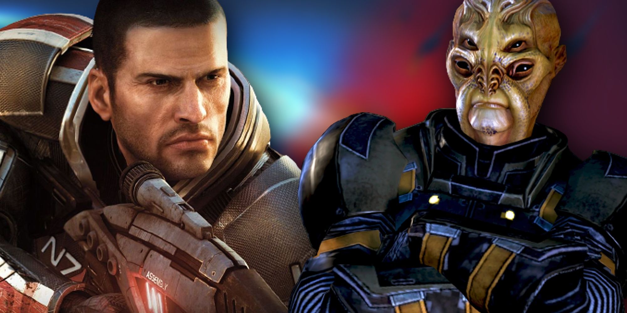 Image of Mass Effect's Commander Shepard squaring off against a Batarian with crossed arms.