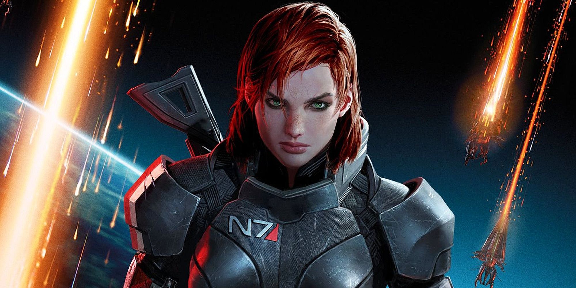 Image of Commander Shepard donning her N7 armor in front of a background of the atmosphere above Earth littered with incoming Reapers.