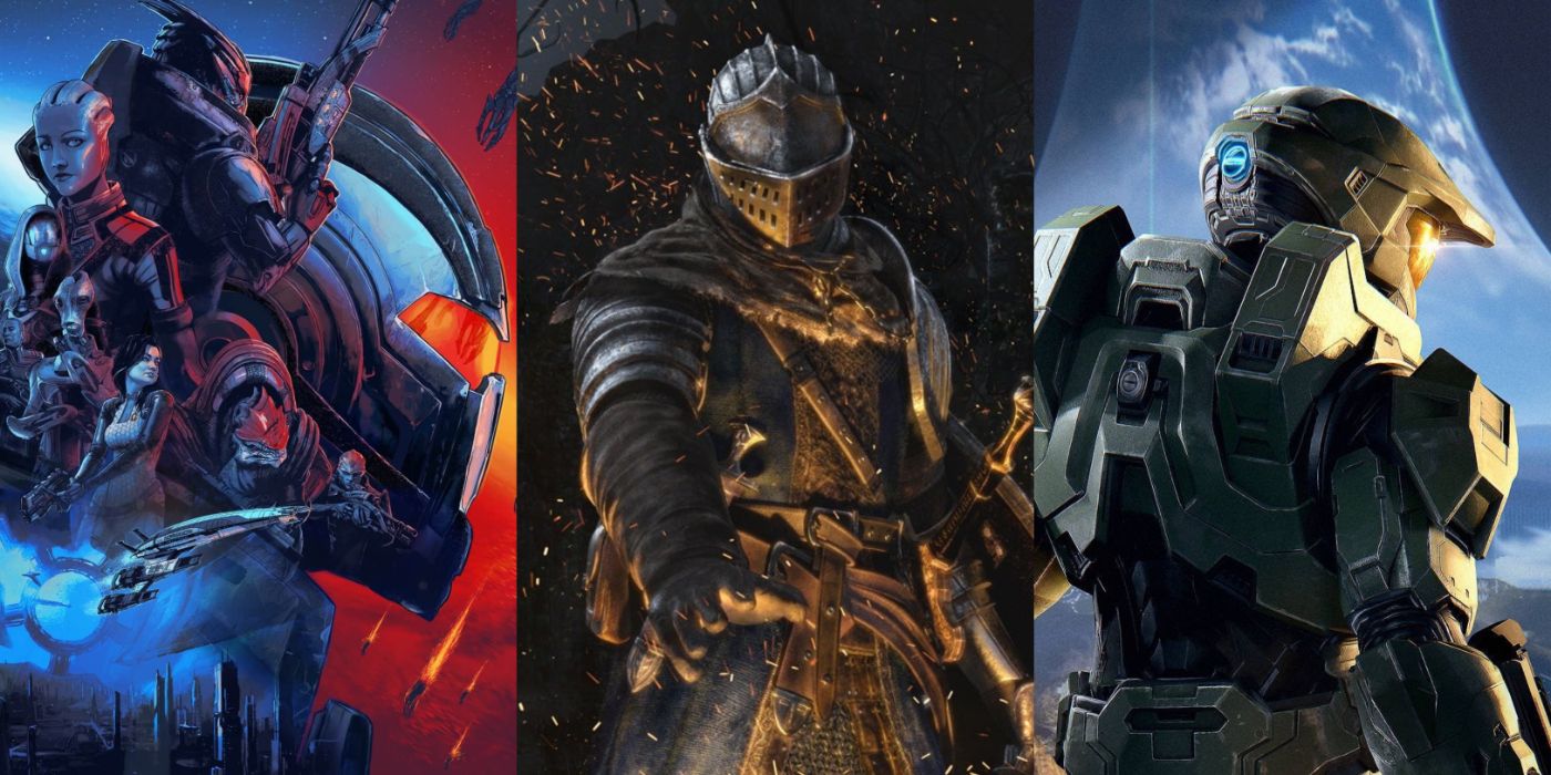 Split image of Mass Effect, Dark Souls, and Halo promo art.