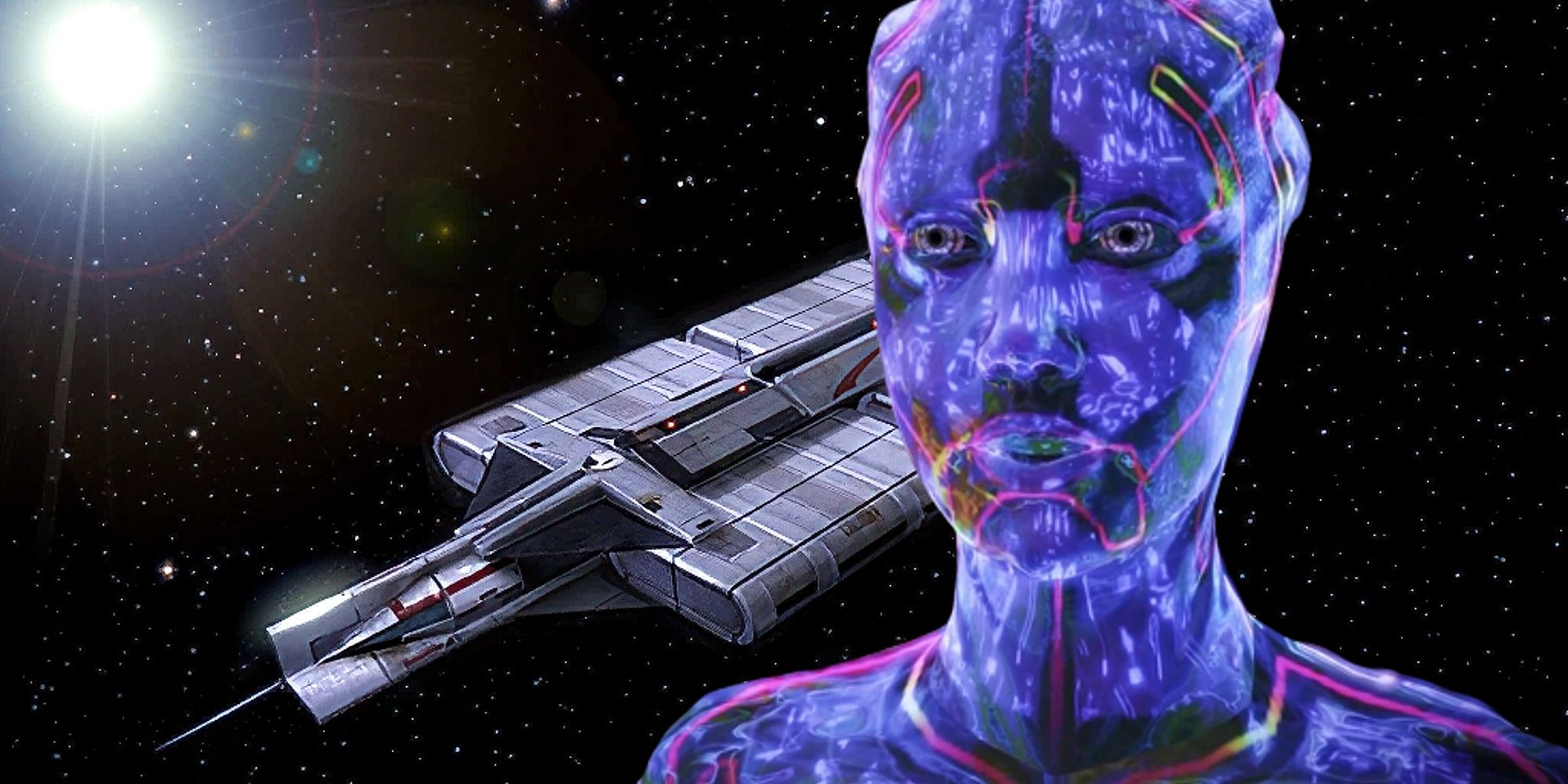 Image of the Asari Citadel virtual intelligence Avina with an abandoned ship pictured in the background.