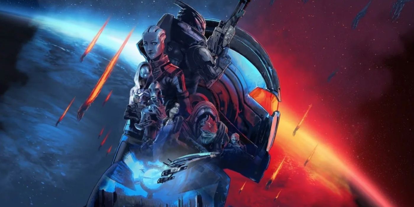 Arte promocional da Mass Effect Legendary Edition apresentando uma colagem do elenco principal no espaço.