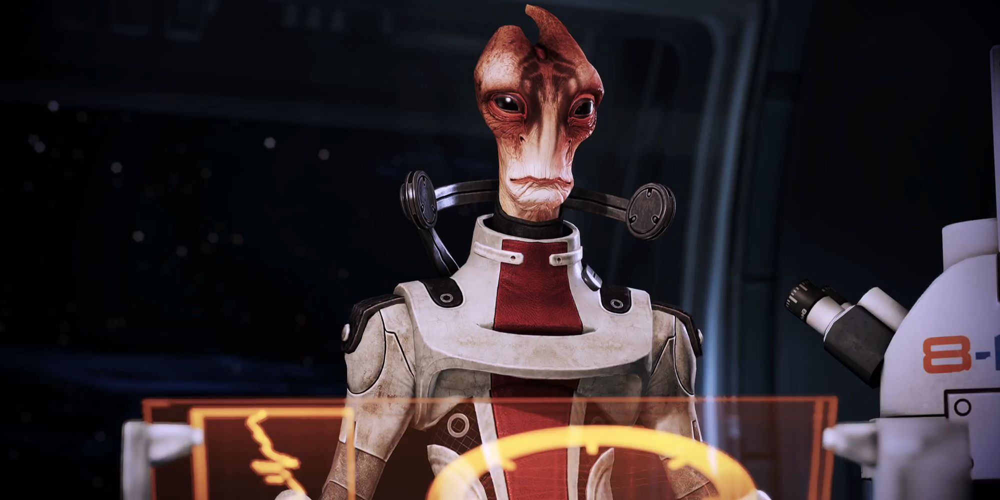 Screenshot of Mordin Solus in his lab in Mass Effect's Normandy SR-2.