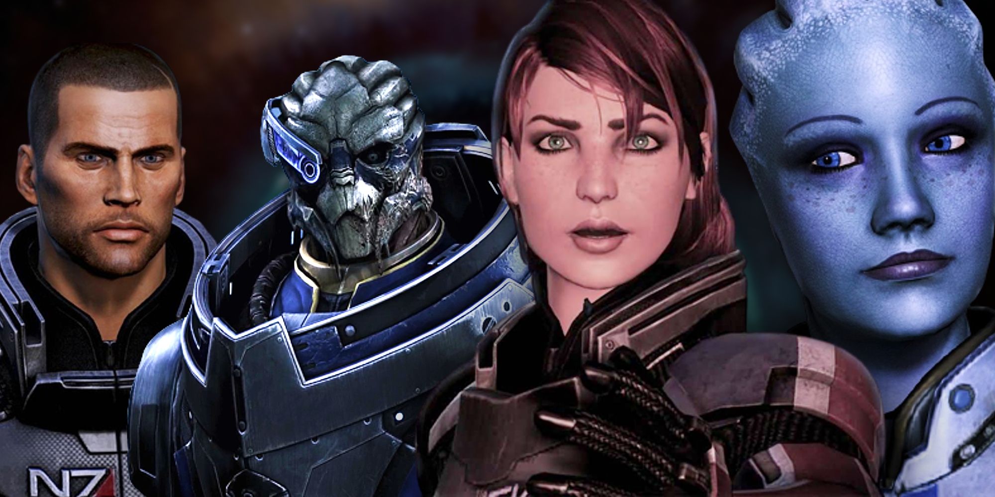 Image depicting side-by-side portraits of Mass Effect characters Commander Shepard(male), Garrus, Commander Shepard(female), and Liara.