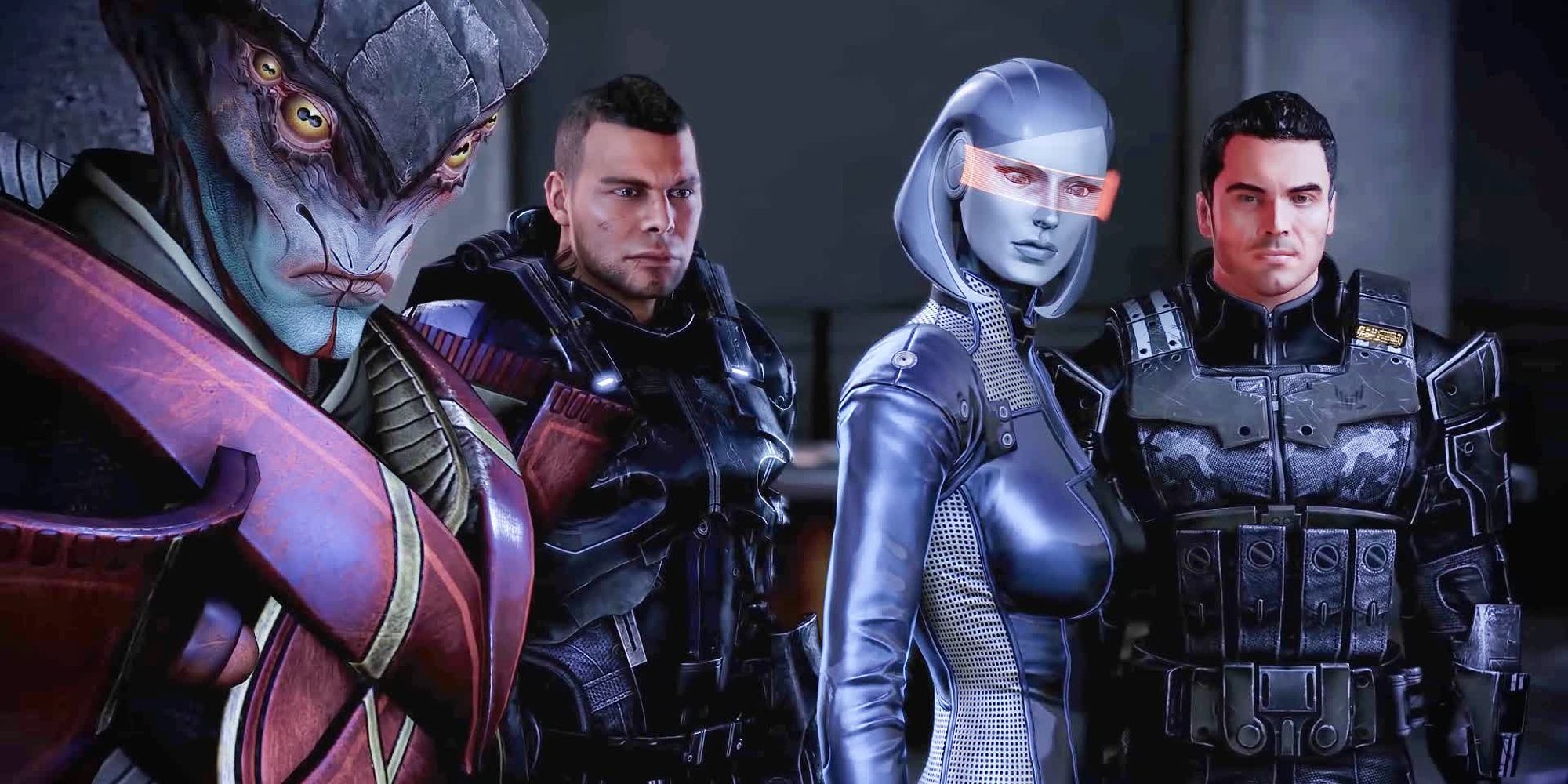 Image of the Mass Effect 3 crew Javik, James Vega, EDI, and Kaidan Alenko.