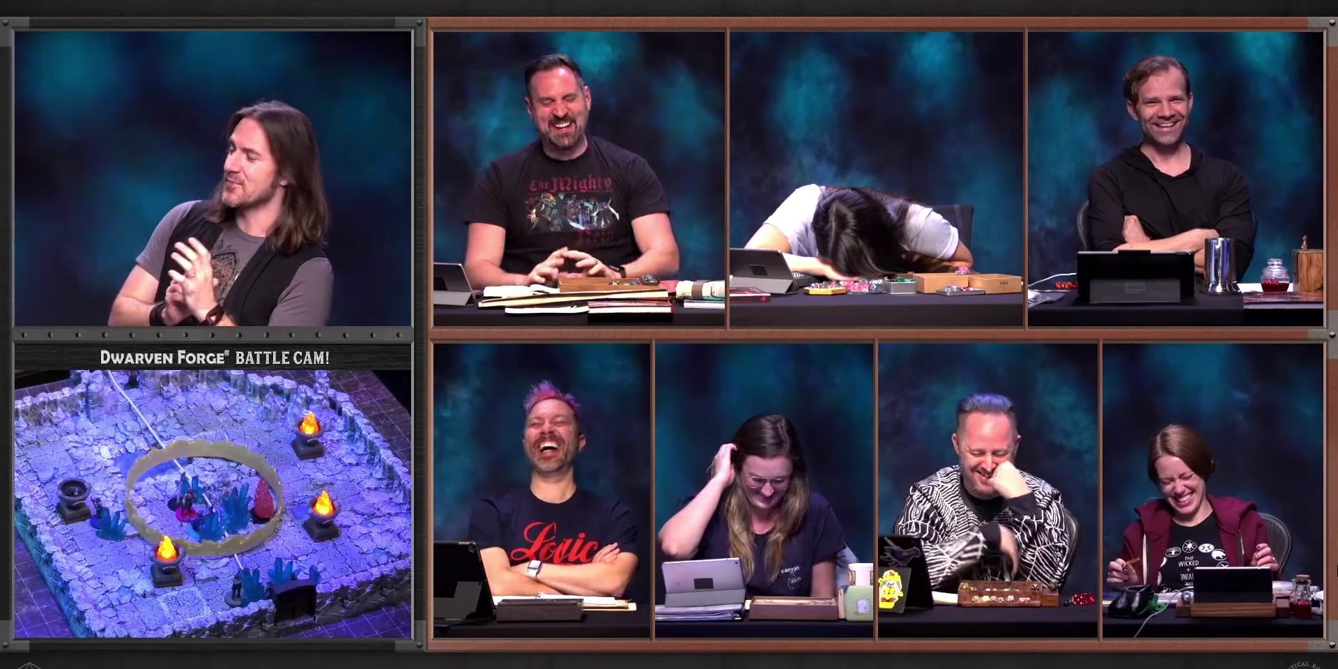 Matt cringing while the party laughs hysterically in Critical Role