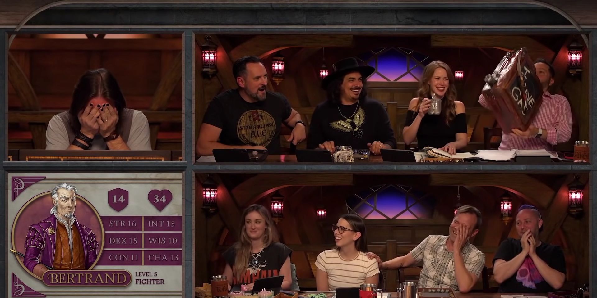 Matt Mercer facepalms as Sam drinks out of a giant gas can in Critical Role C3