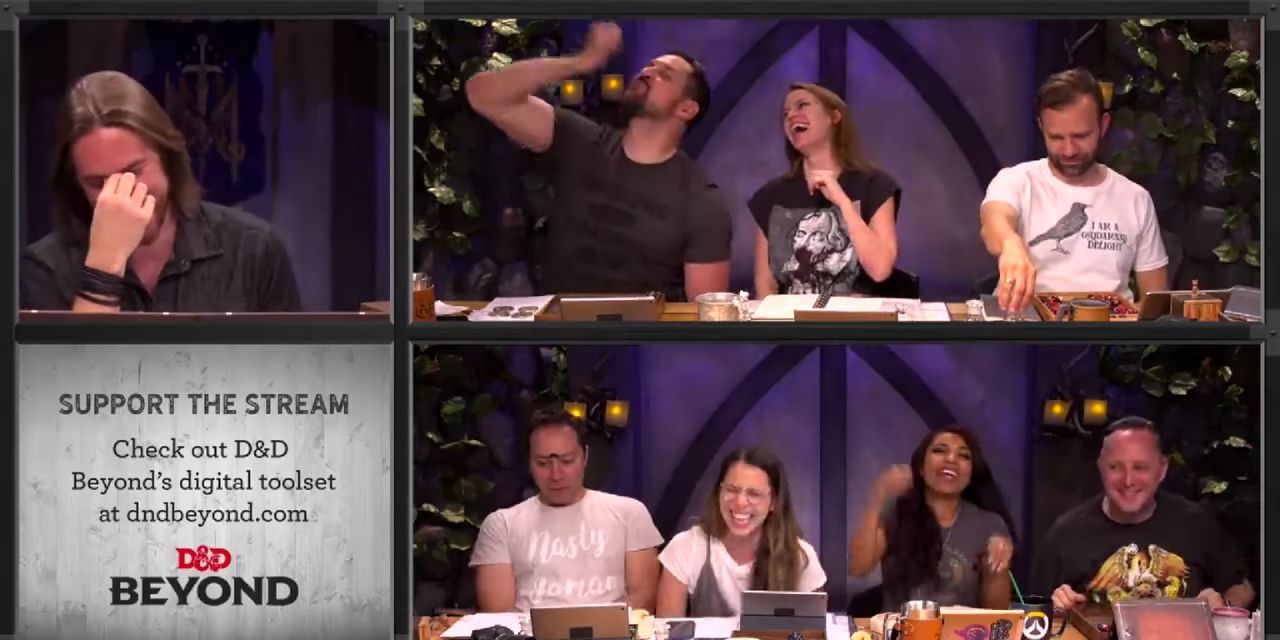 Matt pinches his nose while the party laughs about otter auditors in Critical Role