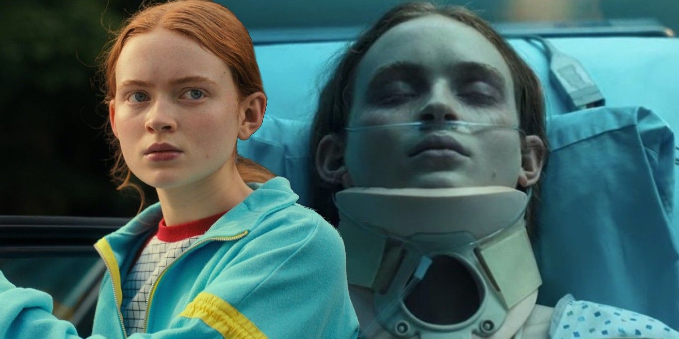 Imagem mesclada de Max e Max preocupados no hospital na 5ª temporada de Stranger Things