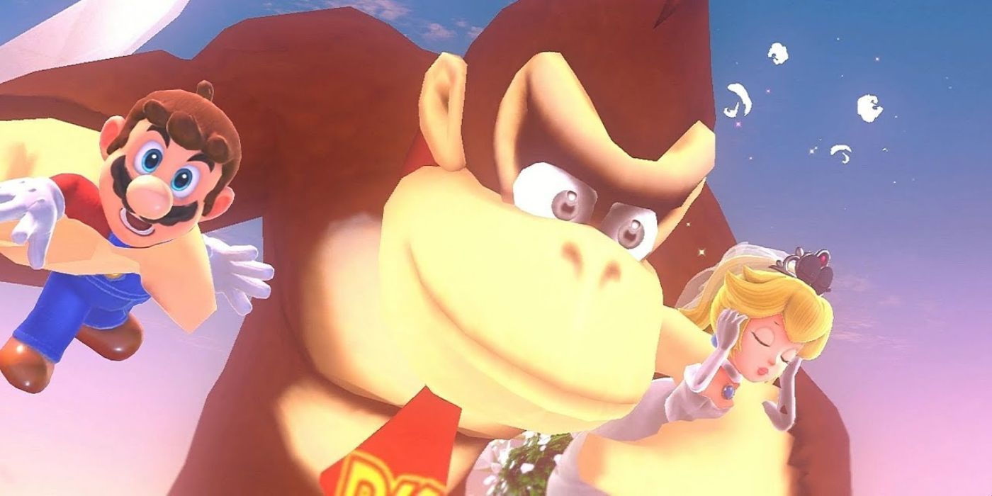 Donkey Kong carregando Mario e Peach em Mario Odyssey.
