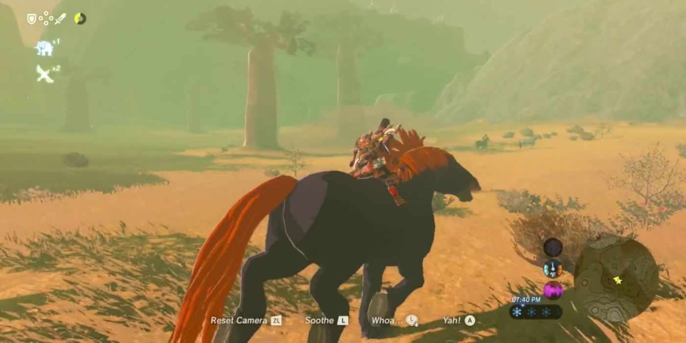 Link on Ganondorf&rsquo;s horse in the Taobab Grassland from the legend of zelda breath of the wild.