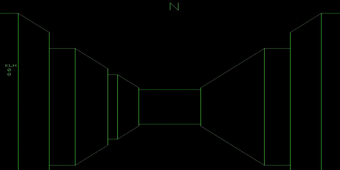 A screenshot from the first FPS Maze War game, which is just green line art on a black background indicating the hallways.