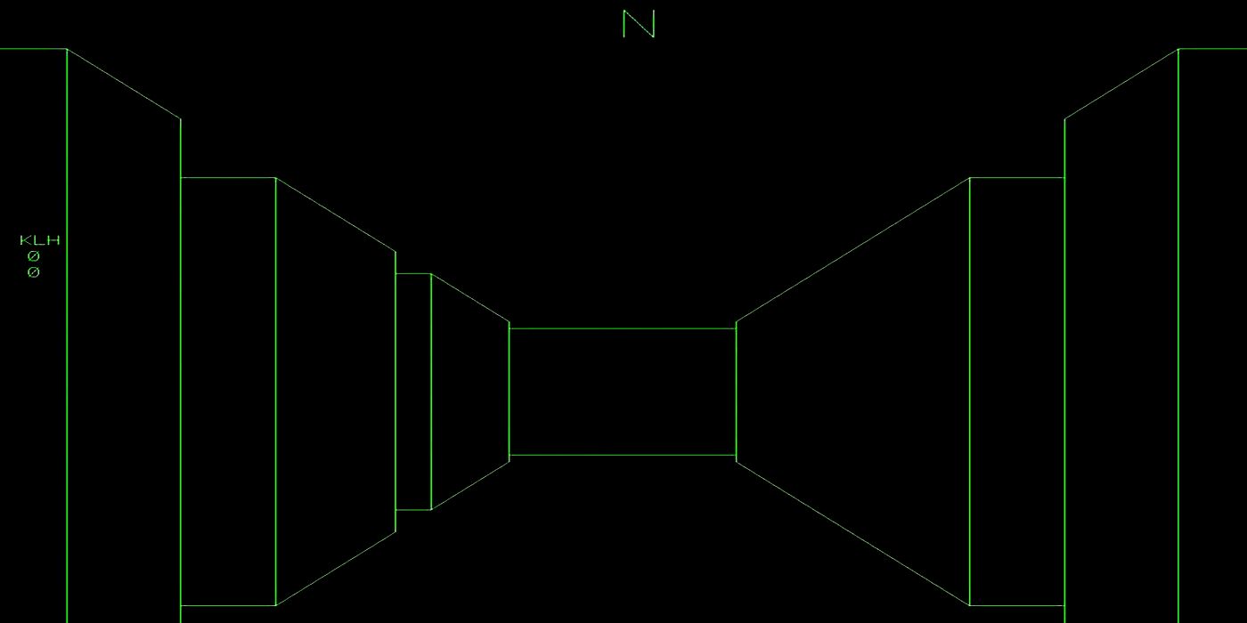 A screenshot of the very first FPS game Maze War, which is just green line art on a black background indicating hallways.