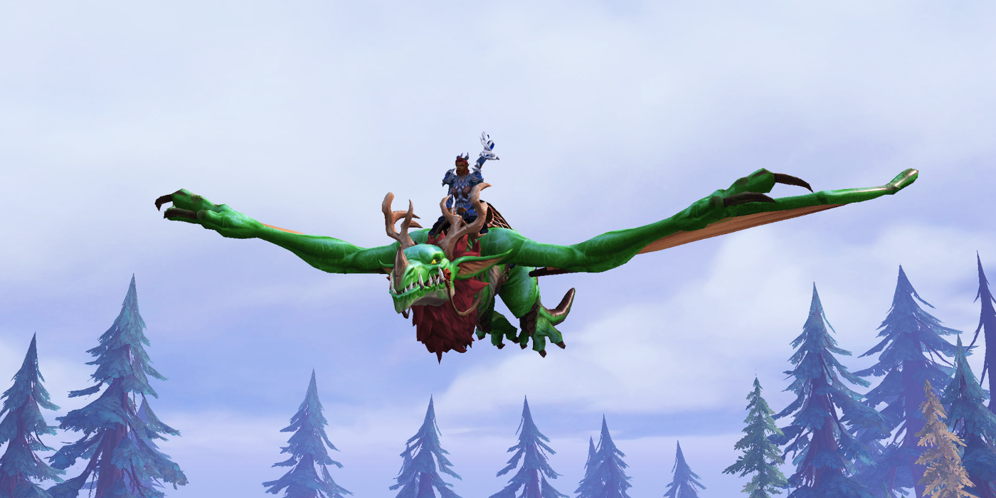Um dragão de jogador cavalgando em World of Warcraft: Dragonflight.
