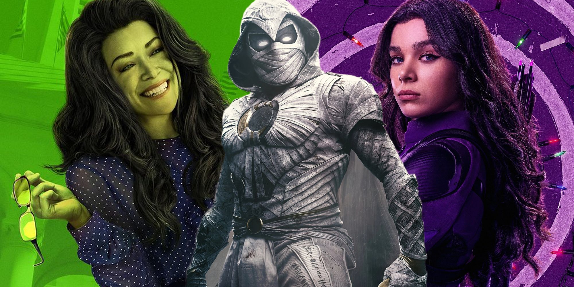 A split image of Moon Knight, She-Hulk, and Kate Bishop in the MCU