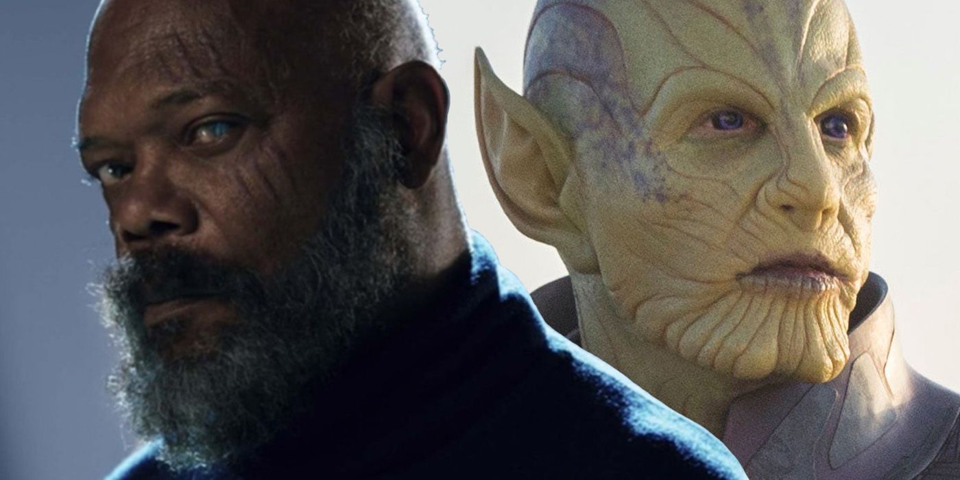 Split Image: Nick Fury (Samuel L. Jackson) poses in promotional image; Skrull looks off into the distance