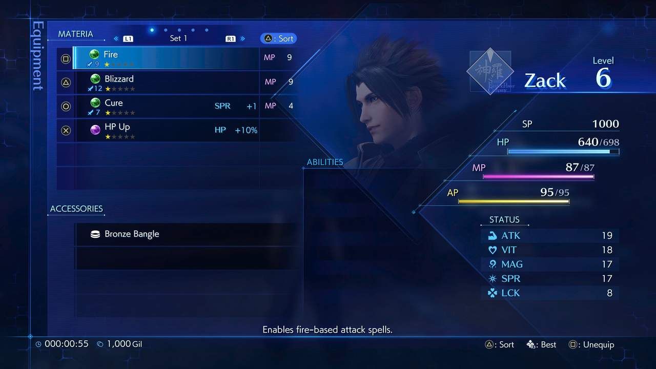 Tela de menu para construir Zack no menu Materia Fusion em Crisis Core- Final Fantasy 7 Reunion