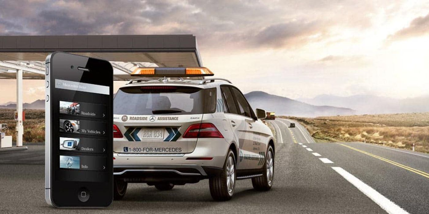 A parked Mercedes Roadside Assistance vehicle beside an iPhone displaying the Mercedes me app.