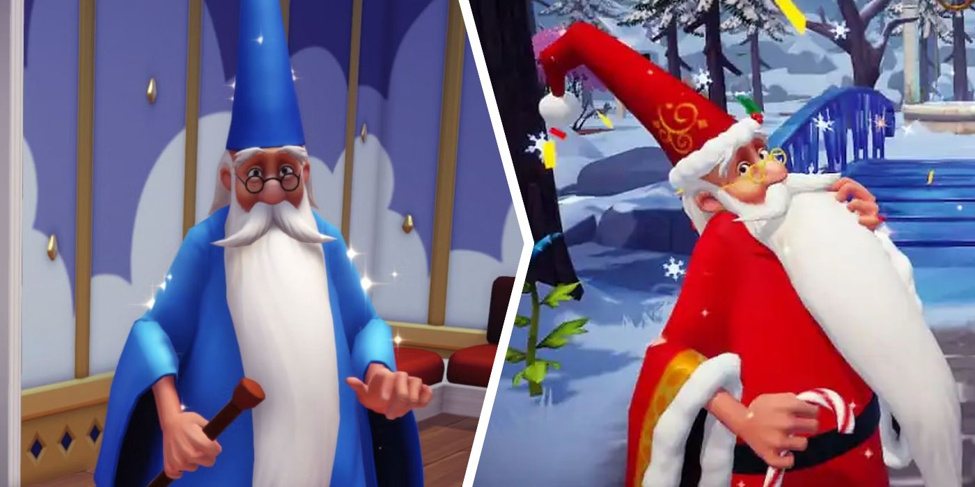 Merlin dressing up as Holiday Merlin at Disney's Dreamlight Valley
