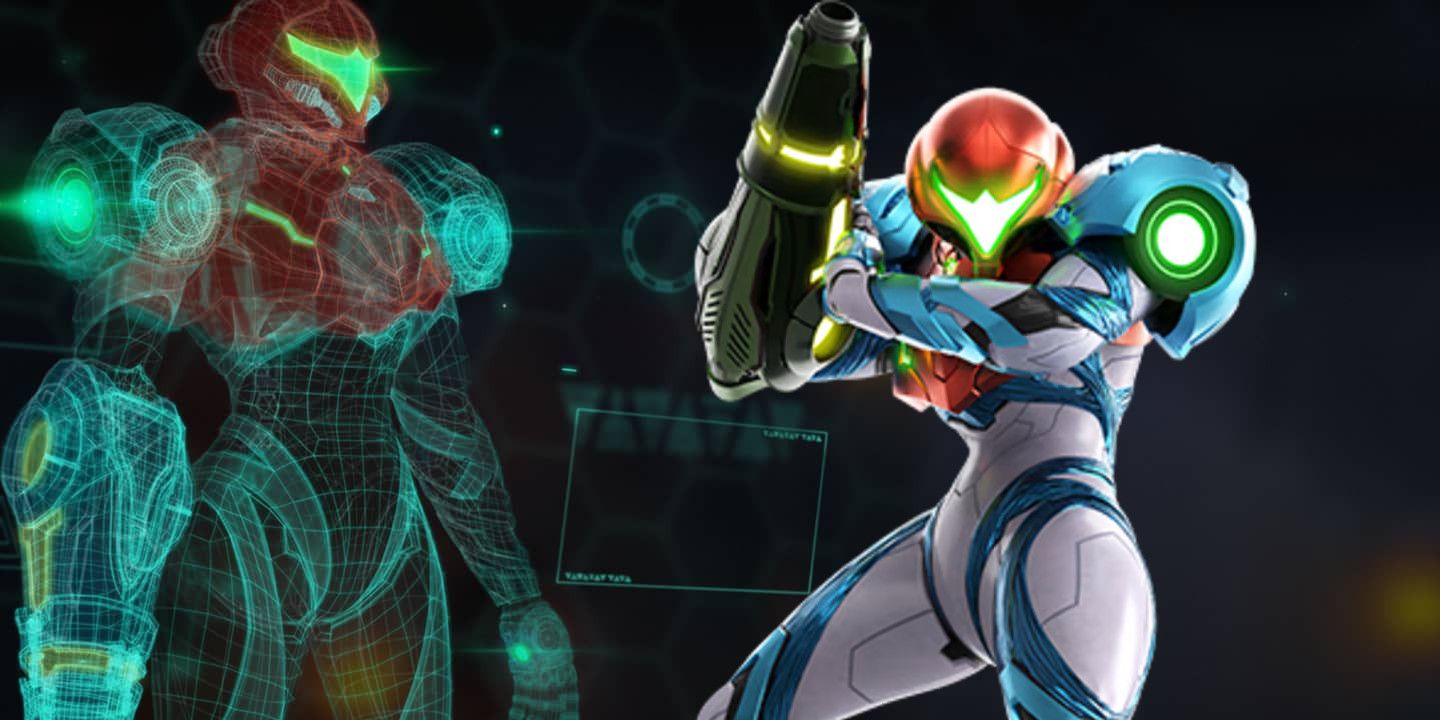 Samus in her suit from Metroid Dread with a holographic image of herself in the background
