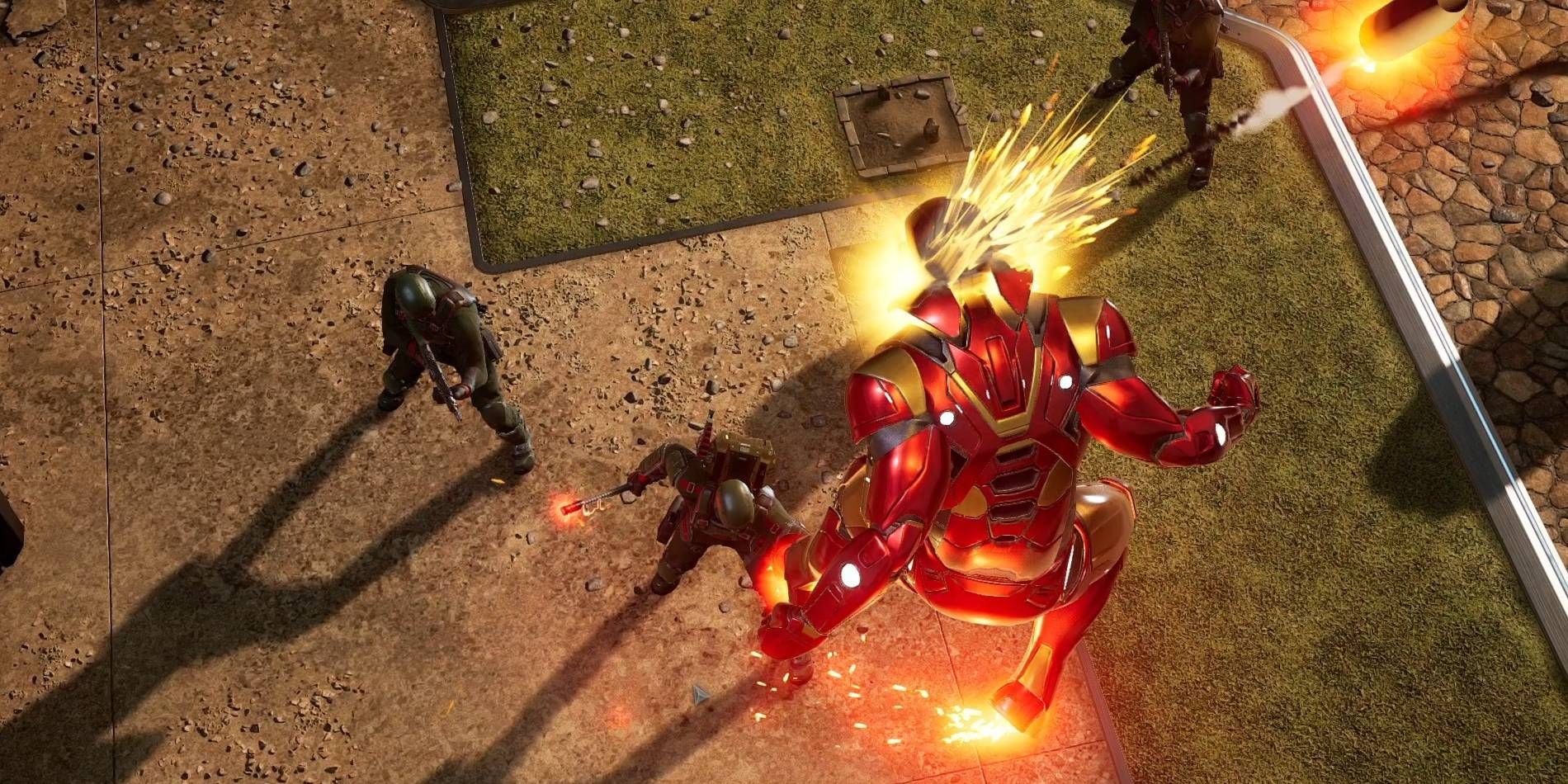 Cartão de ataque de superioridade aérea do Homem de Ferro Midnight Suns da Marvel com 4 custos de heroísmo e mísseis que danificam todos os inimigos na área