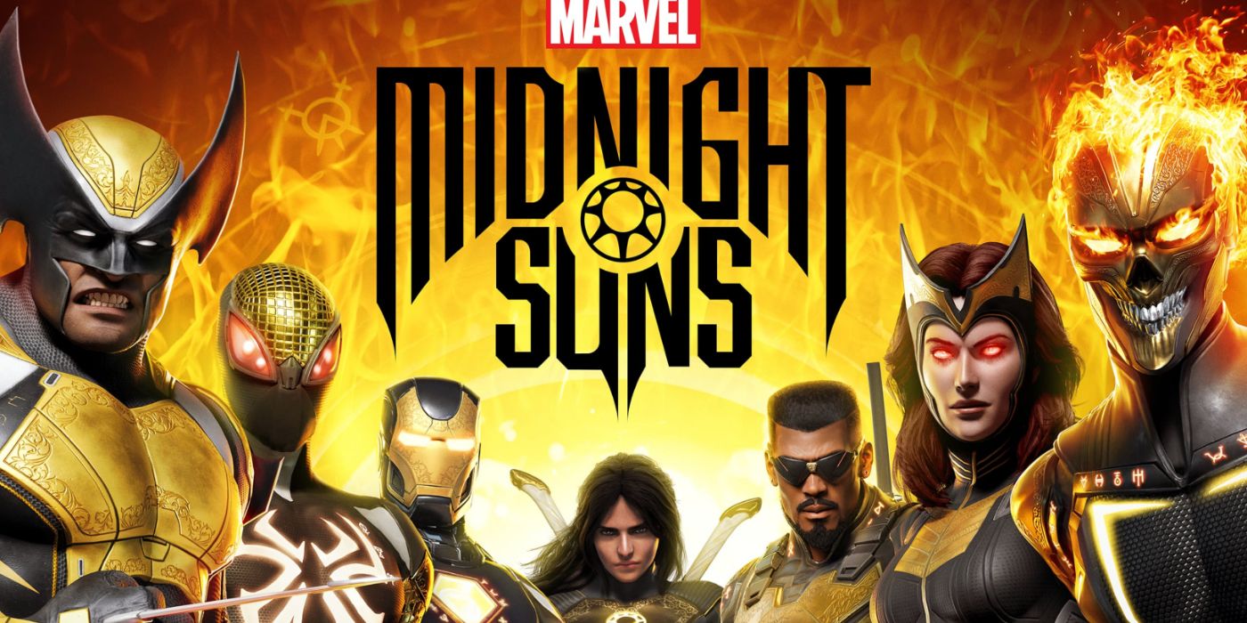 Arte promocional de Midnight Suns apresentando o elenco principal de super-heróis do jogo.