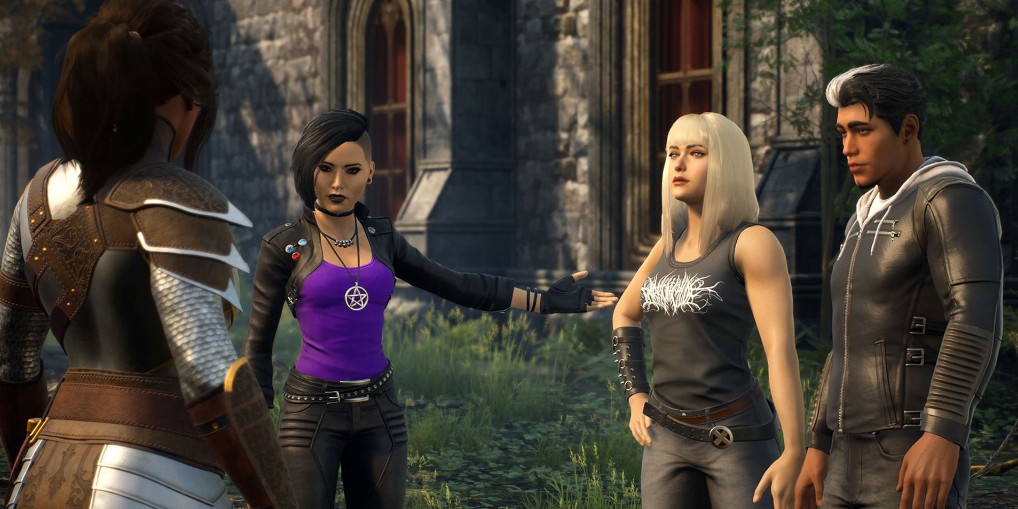 Four members of Marvel's Midnight Suns' eponymous team, having a discussion outside of a stone building.