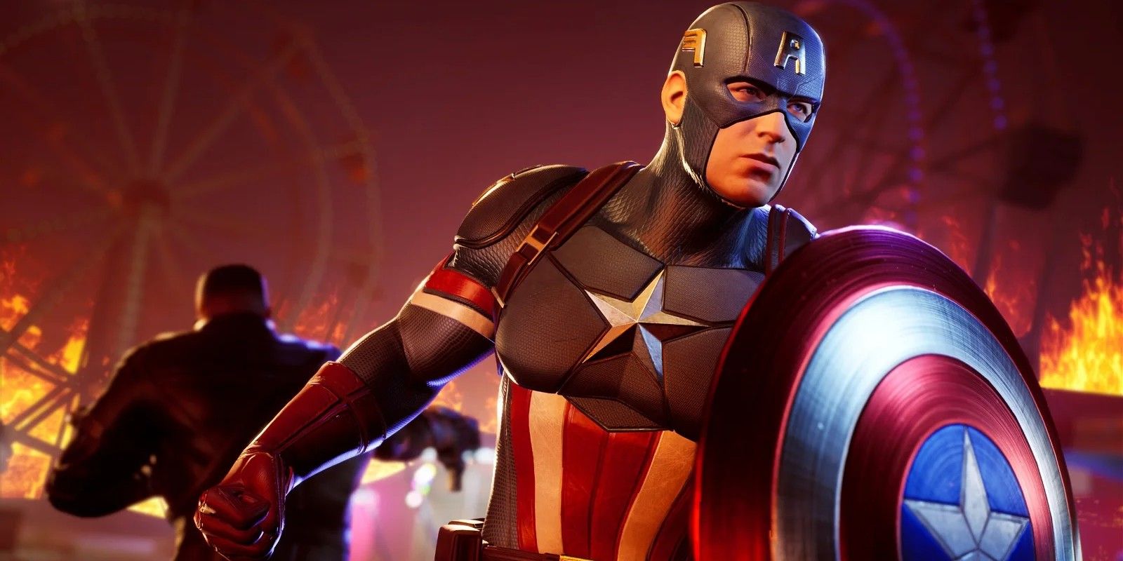 Captain America during a Marvel's Midnight Suns cutscene, with Blade's silhouette visible in the background.