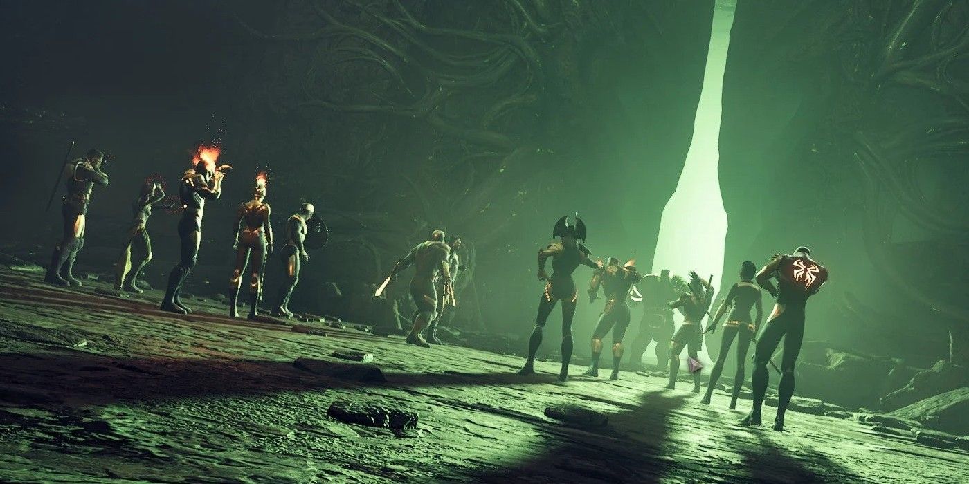 Screenshot of the ending for Marvel's Midnight Suns. Hulk leads the Midnight Suns and Avengers into a glowing green cavern.