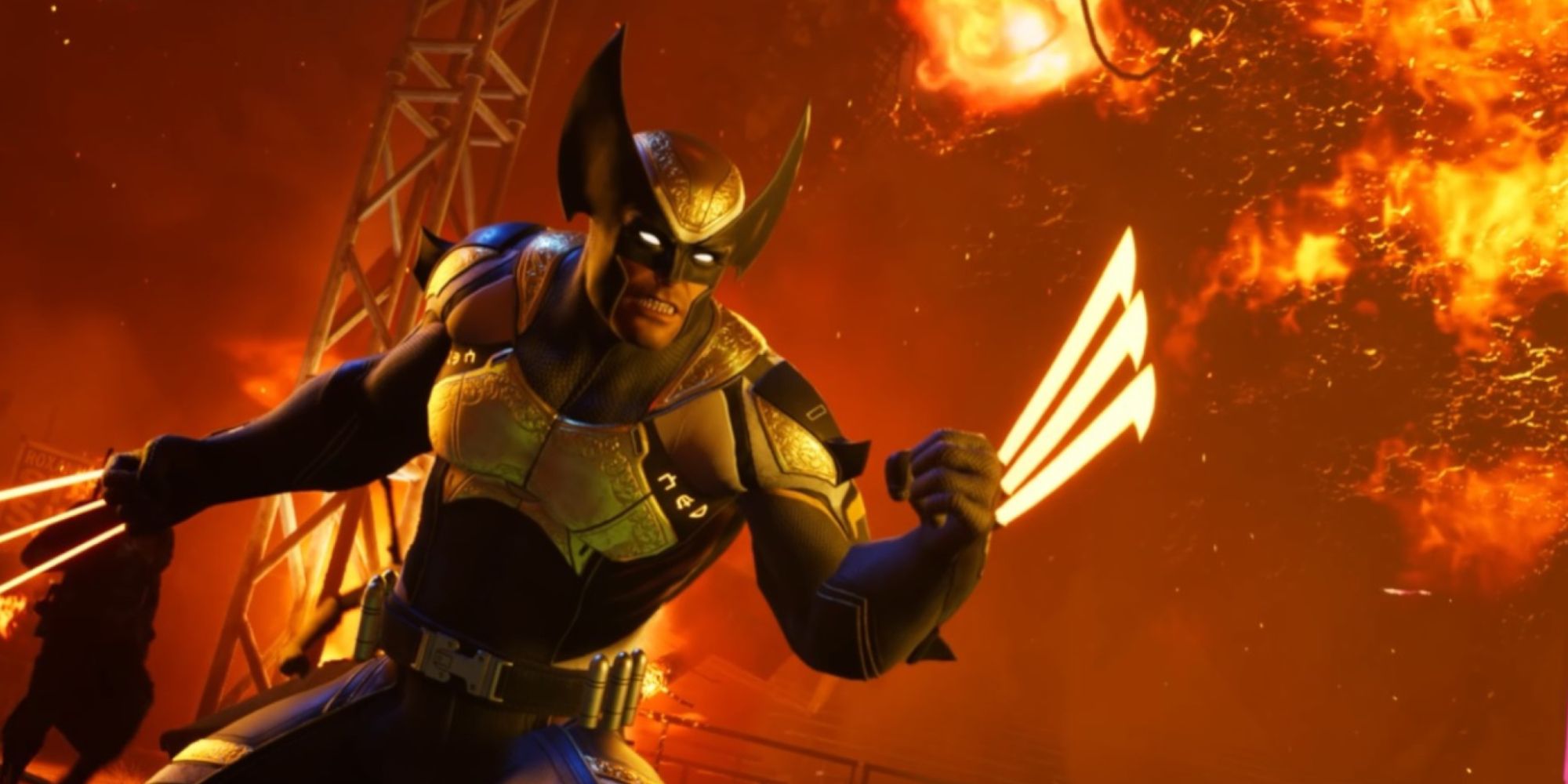 Wolverine cercado por chamas e segurando suas garras em Marvel's Midnight Suns.