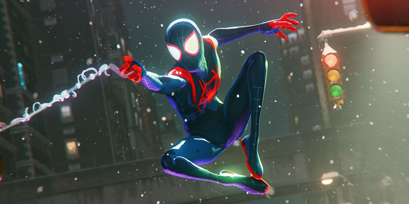 Marvel's Spider-Man: Miles Morales gameplay ainda do traje Spider-Man: Into The Spider-Verse