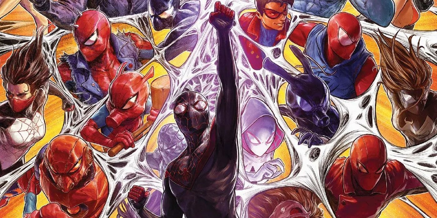 Miles surrounded by other Spider-Man variants in the Spider-Verse.