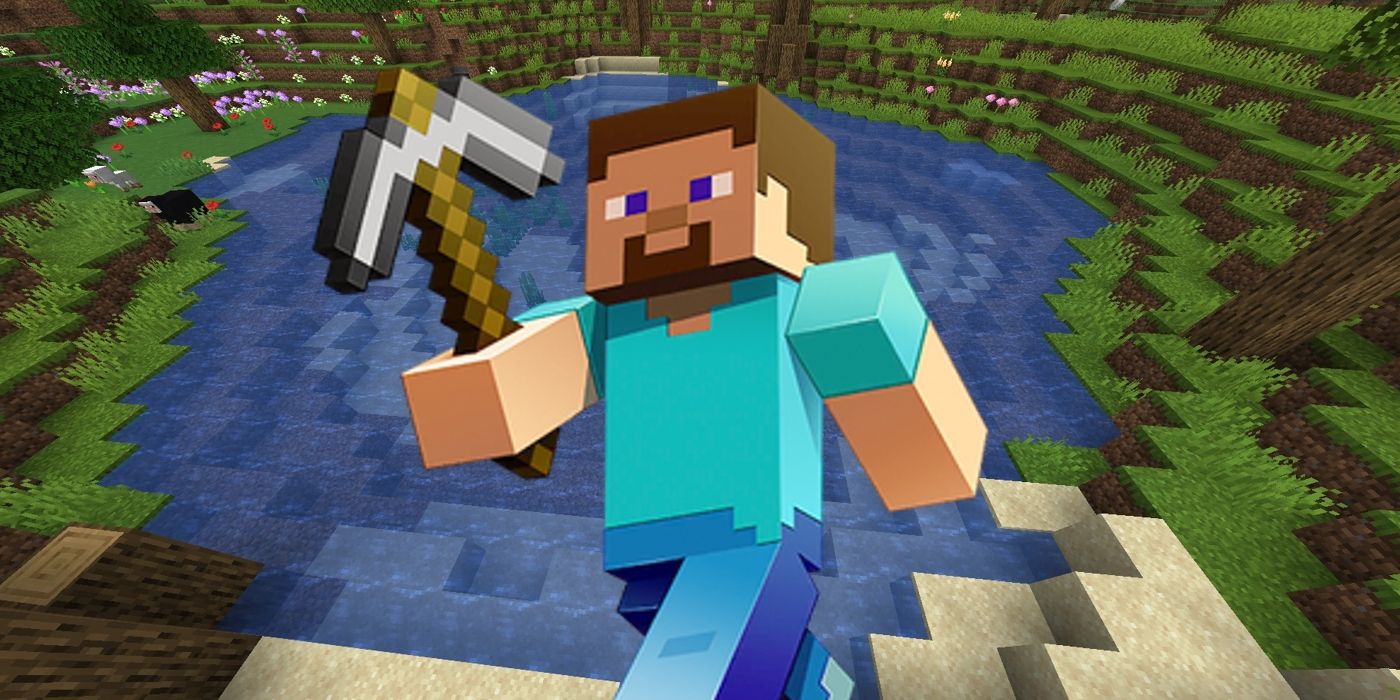 Minecraft Steve na frente de uma captura de tela de um lago no jogo