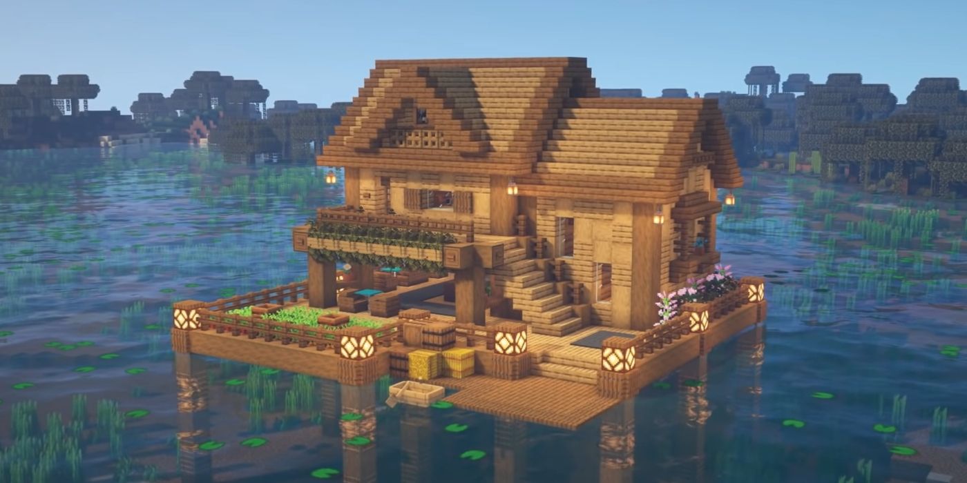 Uma casa de lago de madeira no Minecraft