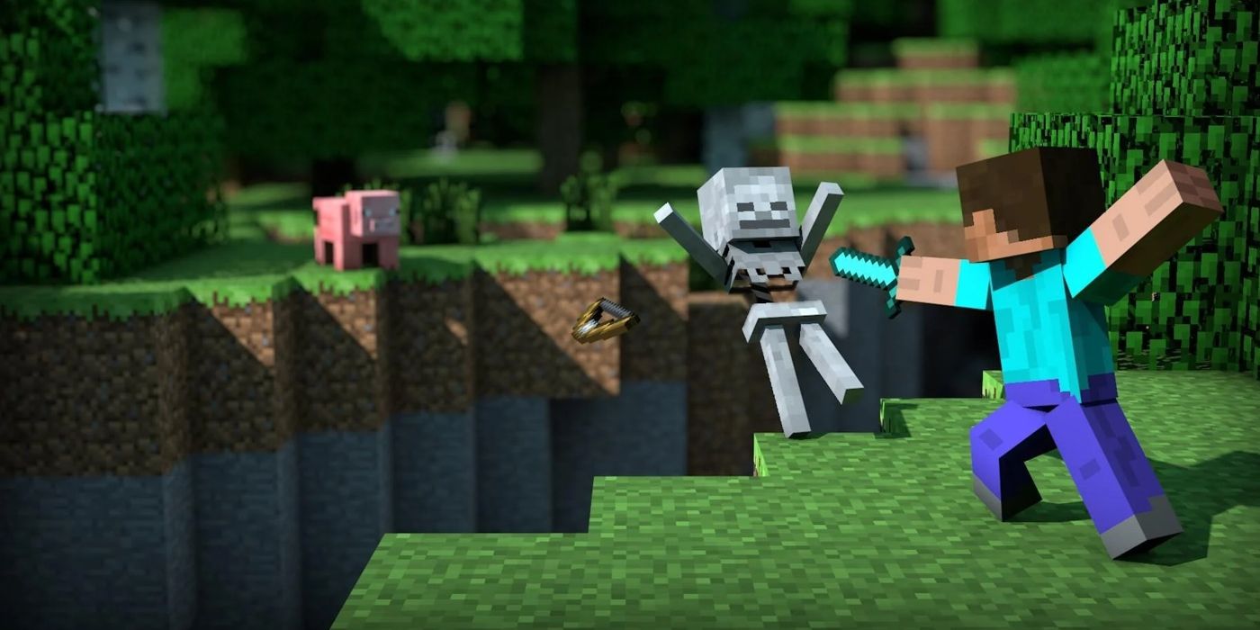 Minecraft Steve knocking a skeleton into a ravine with a diamond sword, while a pig watches from the opposite cliff