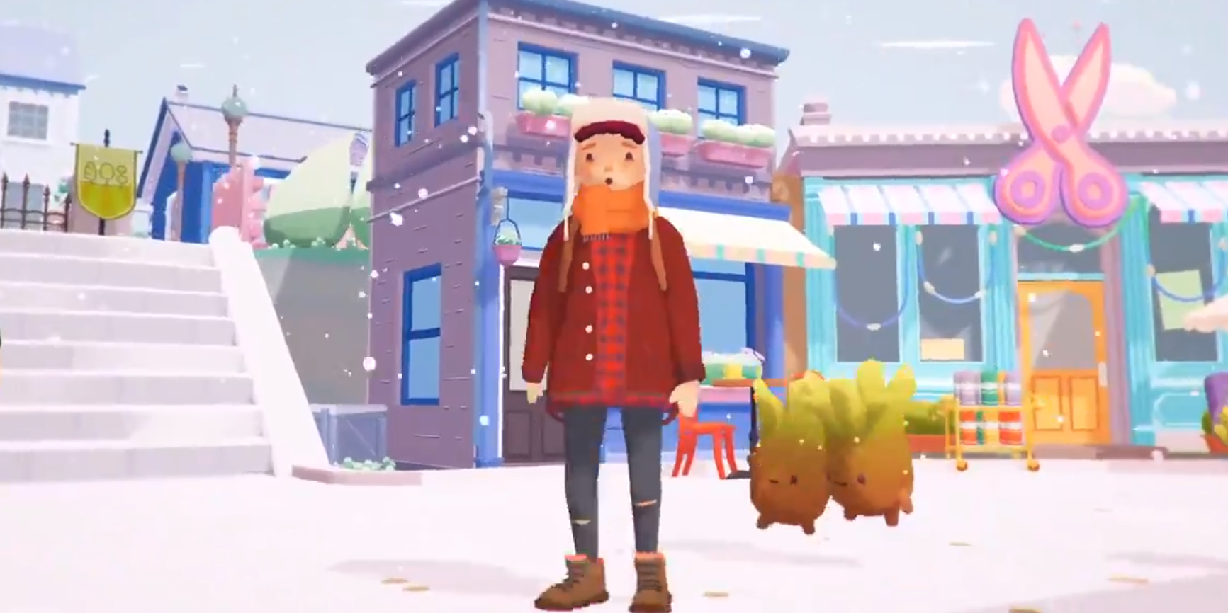 Personagem Ooblets caminhando pela cidade nevada com Ooblets