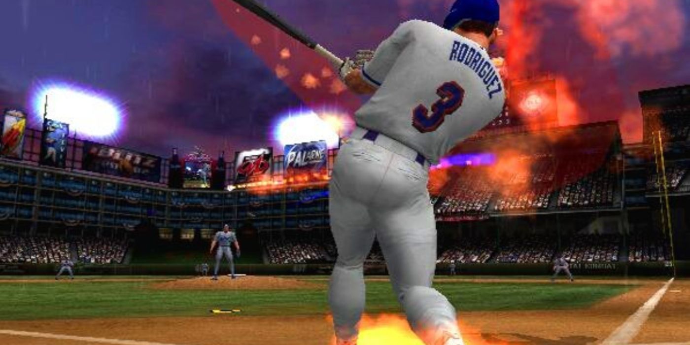 A player swinging their bat in MLB Slugfest.