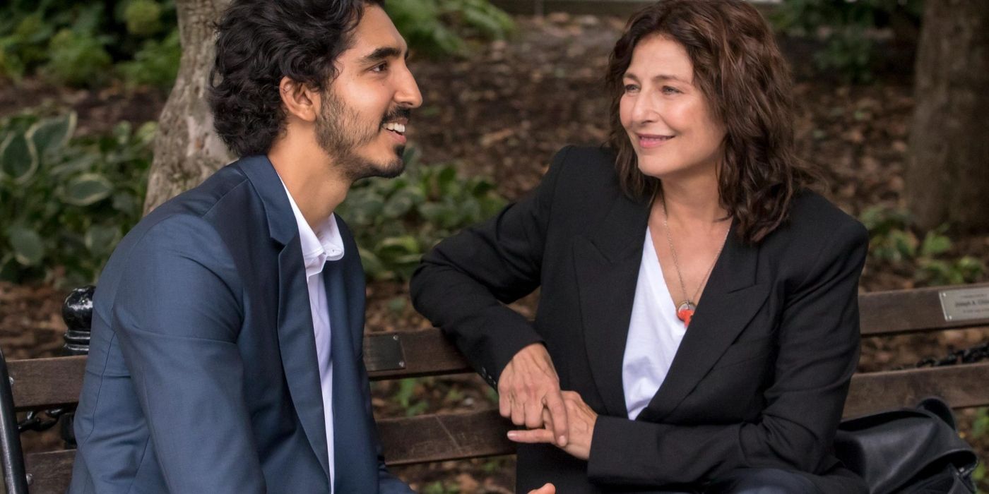 Dev Patel and Catherine Keener sitting on a bench in Modern Love