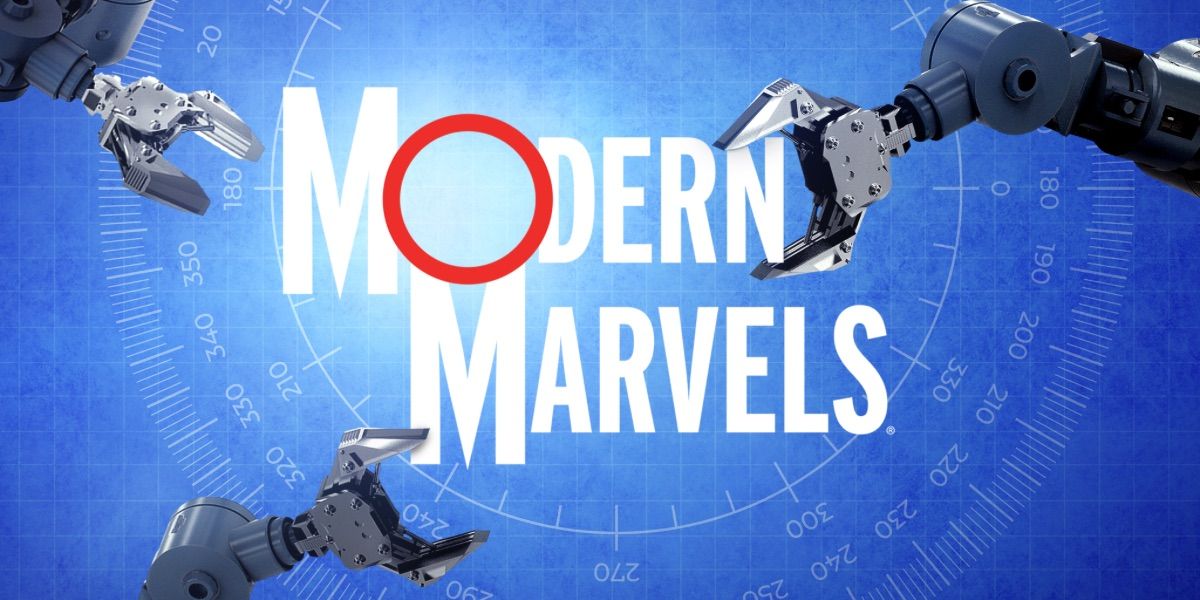 Braços robóticos alcançam o logotipo da Modern Marvels